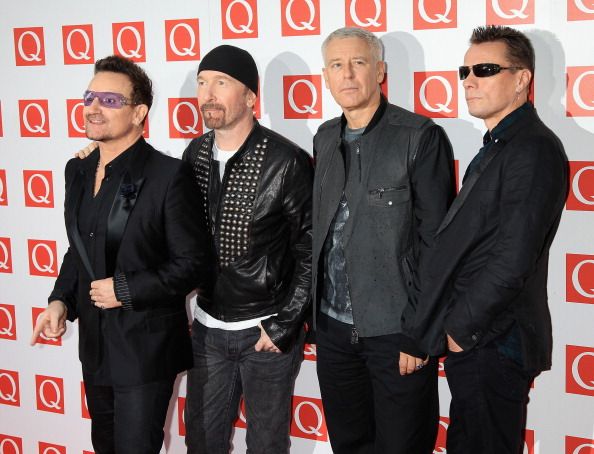 LONDON, ENGLAND - OCTOBER 24:  The Edge, Bono, Adam Clayton, Larry Mullen Jr of U2 attends the Q awards at The Grosvenor House Hotel on October 24, 2011 in London, England.  (Photo by Chris Jackson/Getty Images)