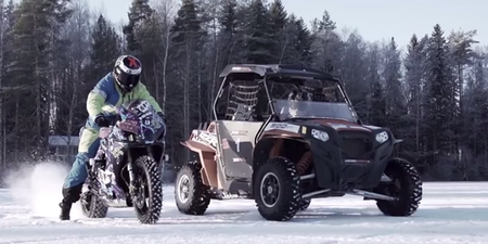 Video: A motorbike and ATV drift around a frozen lake in this incredible display of driving