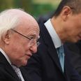 Pic: President Higgins could use a crate to stand on as he gives a speech in China