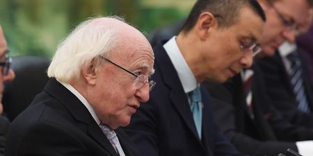 Pic: President Higgins could use a crate to stand on as he gives a speech in China