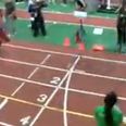 Video: Girl gets absolutely obliterated at the finishing line by incoming sprinters during this race