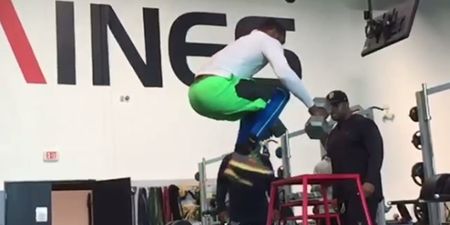 Video: College footballer performs 40-inch box jump while holding two 32kg dumbbells