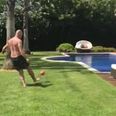 Video: A topless Alan Shearer hits a long-range target with a ping of a shot on holiday