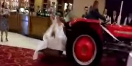 Video: Bride arrives to her wedding reception in Sligo in a transport box on the back of tractor