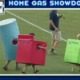 Kids dressed as household appliances race across a baseball field