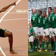 PIC: Cracking shot of the Irish rugby squad meeting Usain Bolt and copying his trademark celebration