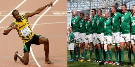 PIC: Cracking shot of the Irish rugby squad meeting Usain Bolt and copying his trademark celebration
