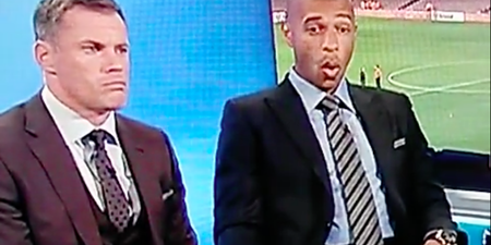 Jamie Carragher hears Brendan Rodgers news on live tv, Thierry Henry is there to console him