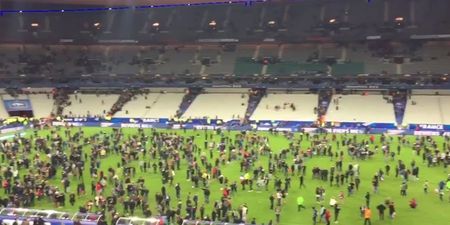 VIDEO: Football fans sing the French national anthem while evacuating the Stade de France last night
