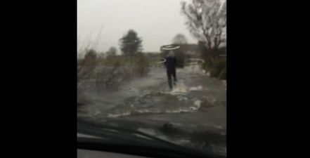 VIDEO: This lad had to get to a wedding via a newly formed river in Westport