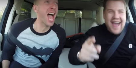 Chris Martin warms up for the Super Bowl in a Carpool Karaoke with James Corden