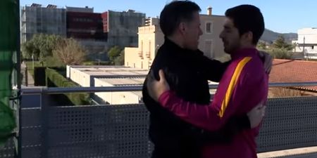VIDEO: We’d love to know what Jamie Carragher is saying to Luis Suarez as they’re reunited