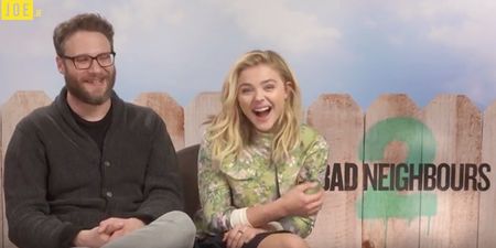 EXCLUSIVE: Seth Rogen and Chloë Grace Moretz chat about dead frogs, bulk-buying dildos and rolling joints really fast