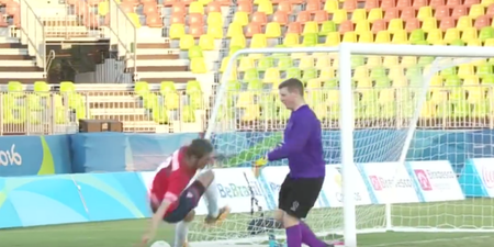 WATCH: Ireland’s goalie absolutely decked a Team GB player in the Paralympics soccer last night