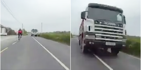 WATCH: Shocking footage shows very near collision between lorry and cyclist on rural Irish road