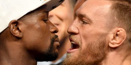 WATCH: Conor McGregor was seriously pumped up as he faced down Floyd Mayweather at the weigh-in