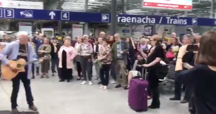 120 people come together for a fantastic singalong of Wish You Were Here in Heuston station
