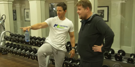 WATCH: James Corden beasted in the gym by Mark Wahlberg at 4am