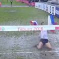 WATCH: Cross country runner’s attempt at a knee slide fails miserably