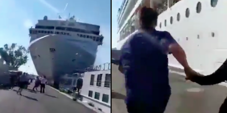 Footage shows the terrifying moment a cruise ship crashed into a tourist boat in Venice injuring at least five people