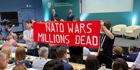 Micheál Martin speech gatecrashed by anti-NATO protesters